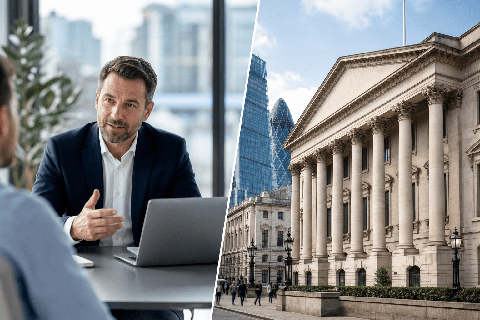 Finance broker with laptop alongside a traditional bank building facade