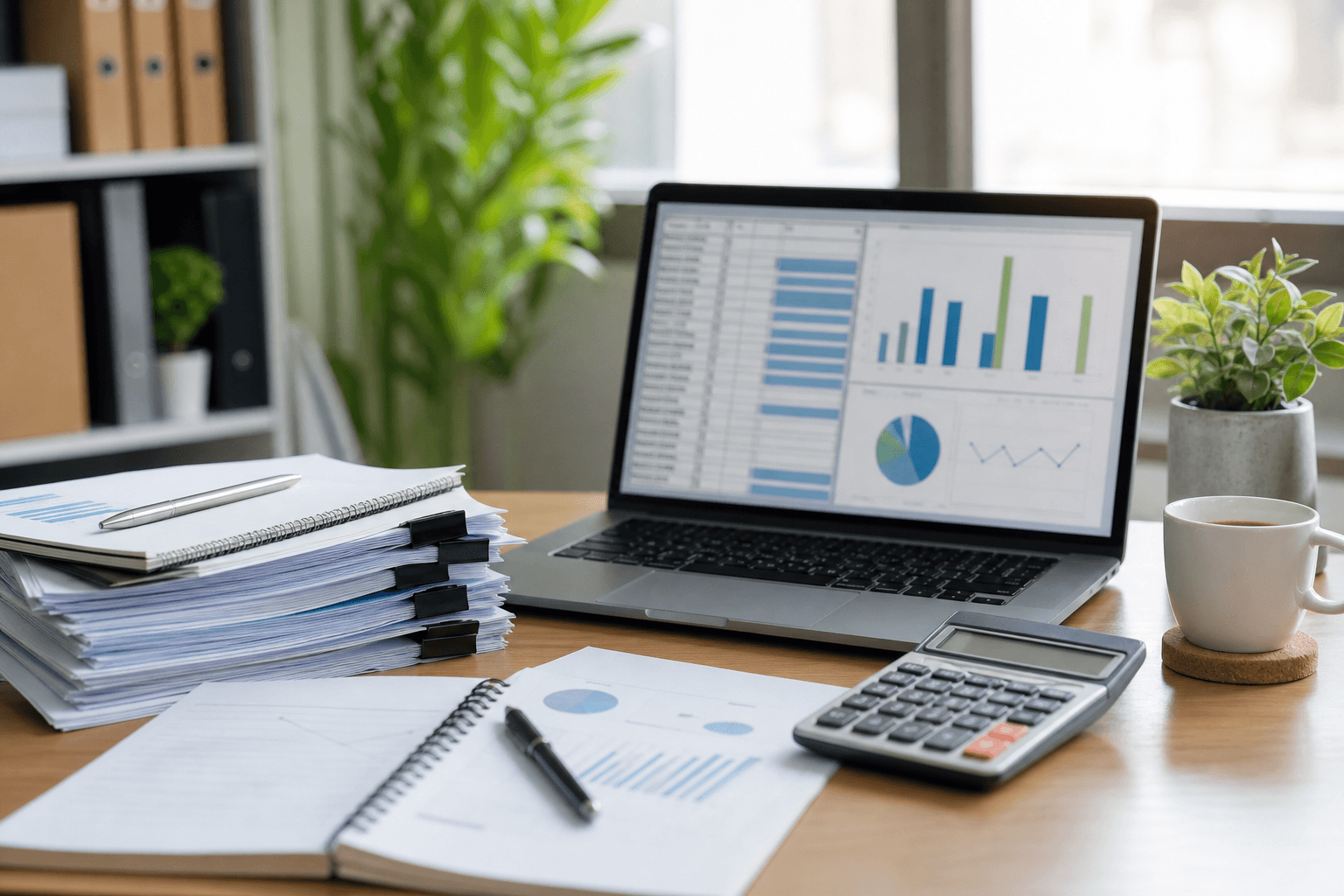 Organised business loan application documents, calculator and laptop on a desk