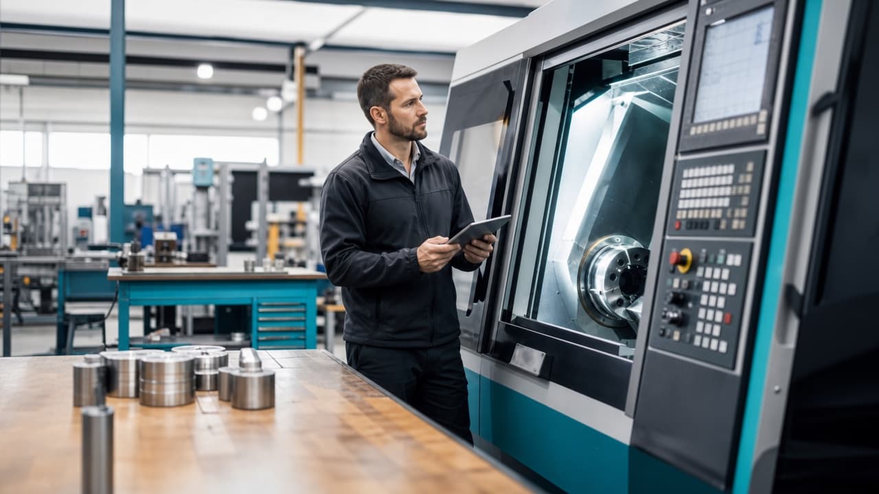 UK precision engineer reviewing a CNC machining centre in a modern manufacturing workshop