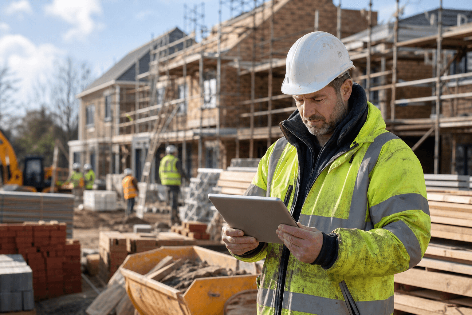 UK construction business owner reviewing project cash flow on an active building site
