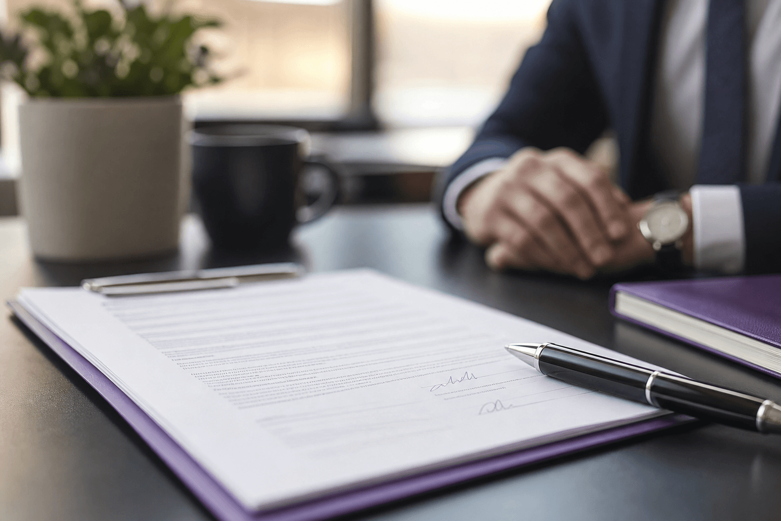 Signed business finance contract and pen on a professional desk