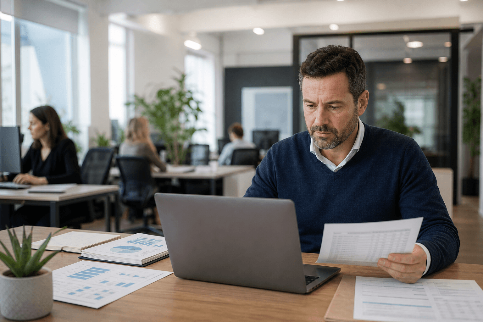 UK recruitment agency owner reviewing temporary worker payroll and client payment schedules