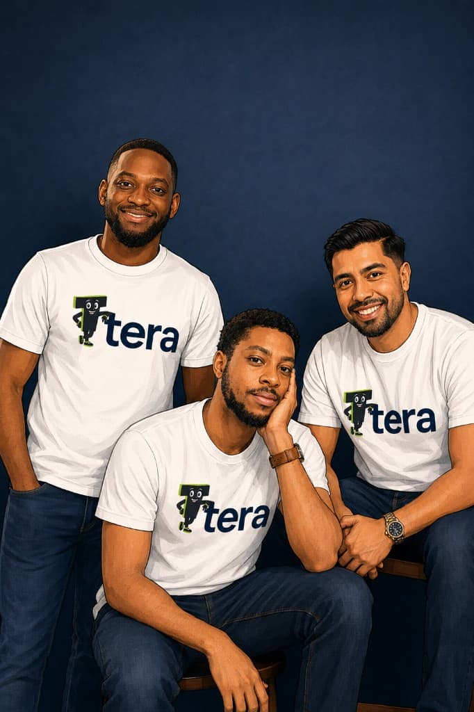 The Tera founders wearing branded T-shirts against a navy background.