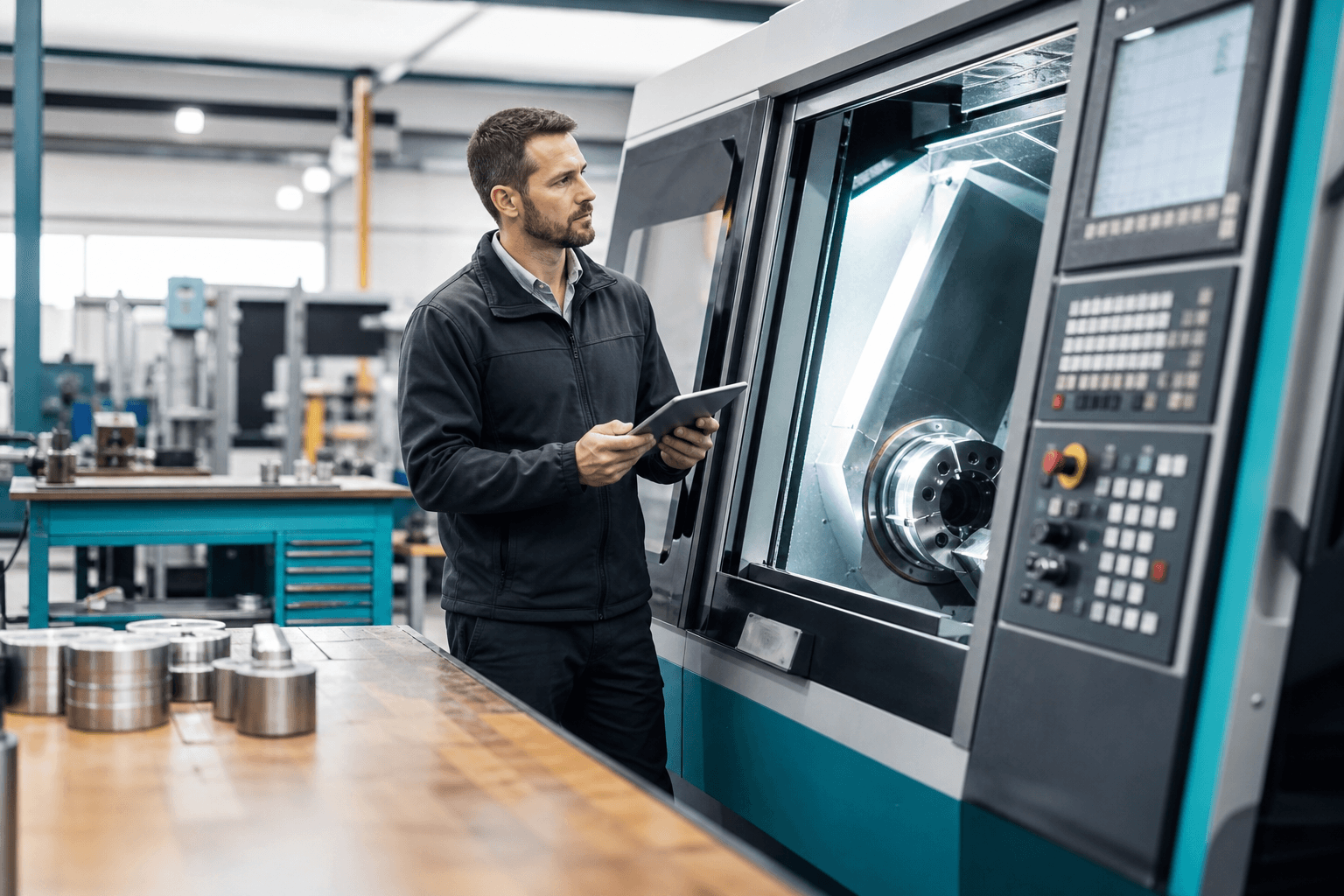Business owner inspecting commercial equipment in a UK workshop