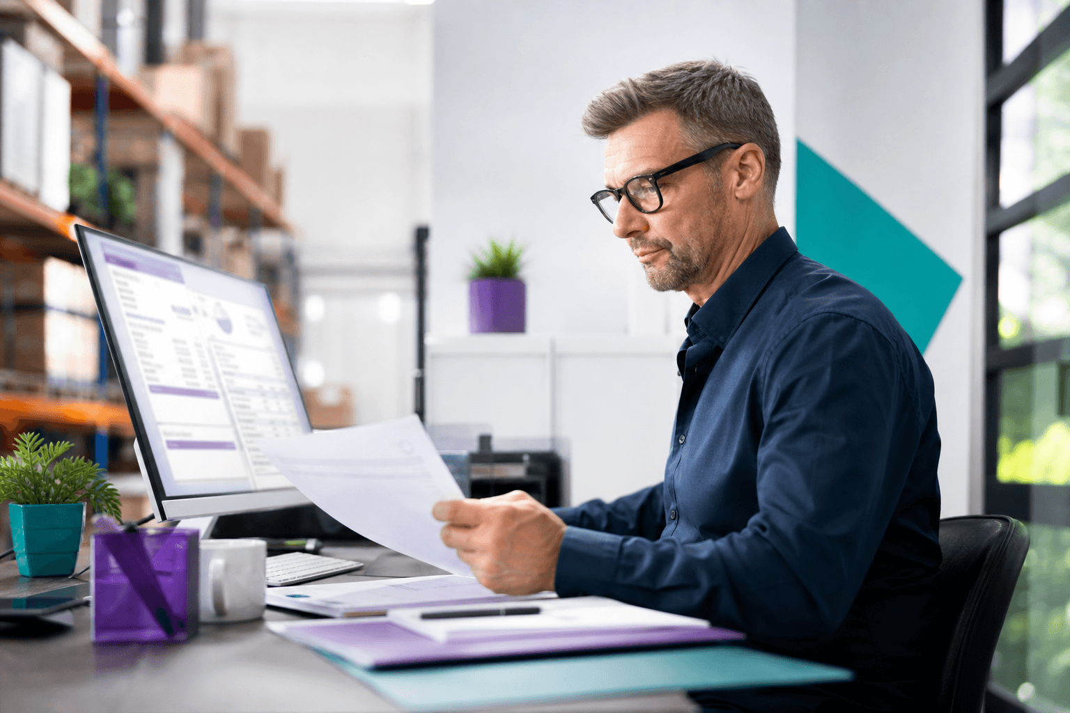 UK business professional reviewing invoices for trade and cash flow management