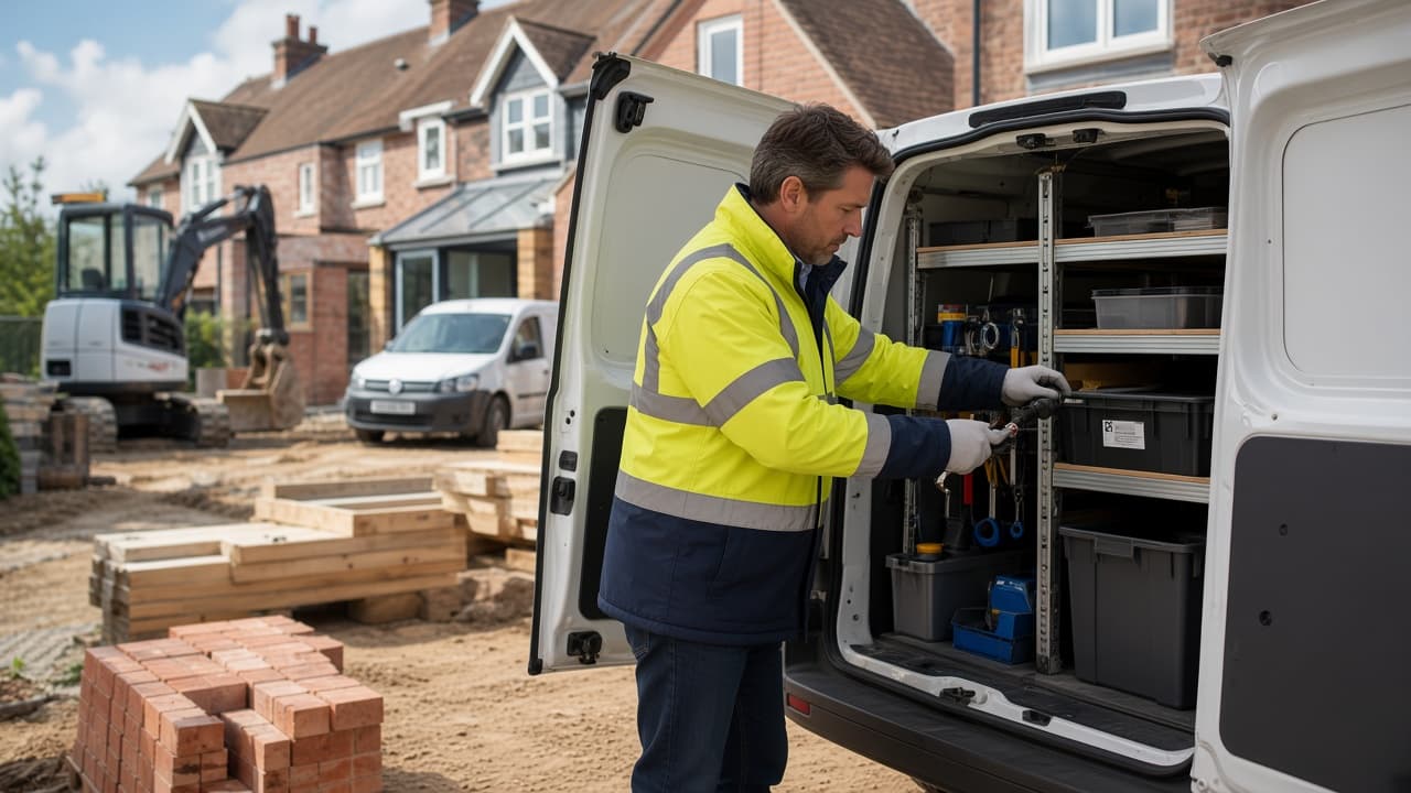 UK tradesperson inspecting specialist racking and equipment in a converted commercial van
