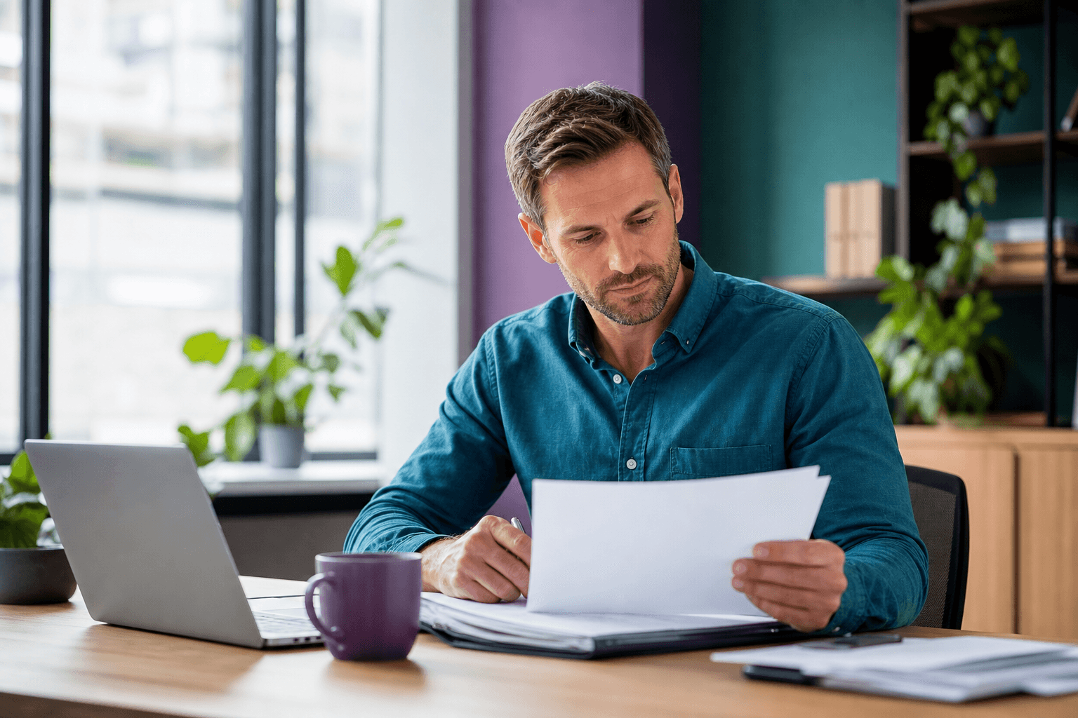 UK business owner reviewing finance documents in a bright modern office