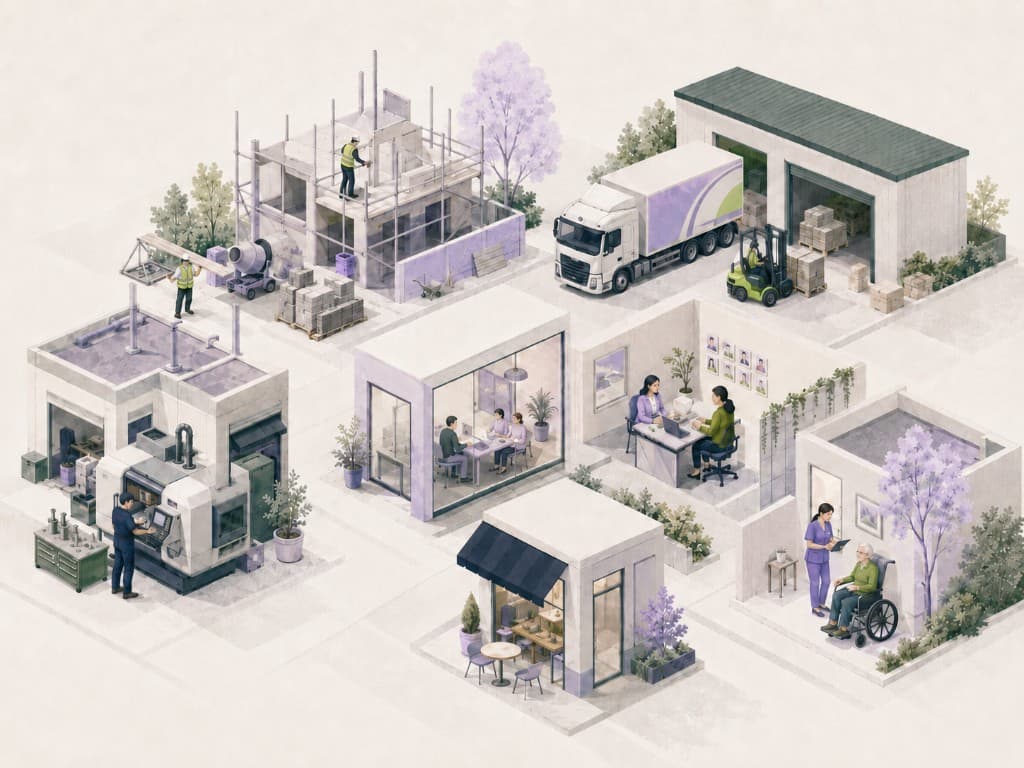 Illustration of protected UK businesses across construction, logistics, manufacturing, recruitment and care.
