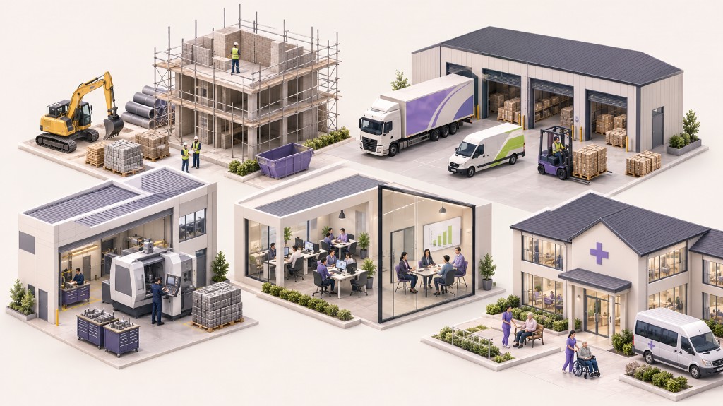 Isometric illustration of UK business sectors including construction, logistics, manufacturing, professional services and healthcare