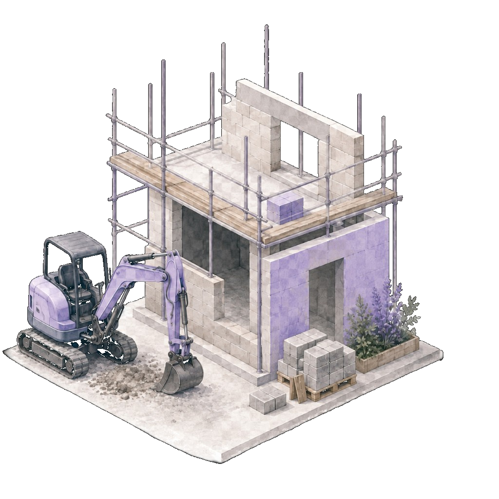 Isometric illustration of a building under construction with scaffolding and an excavator