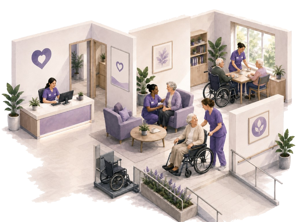 Isometric illustration of a care home with staff, residents and accessibility equipment