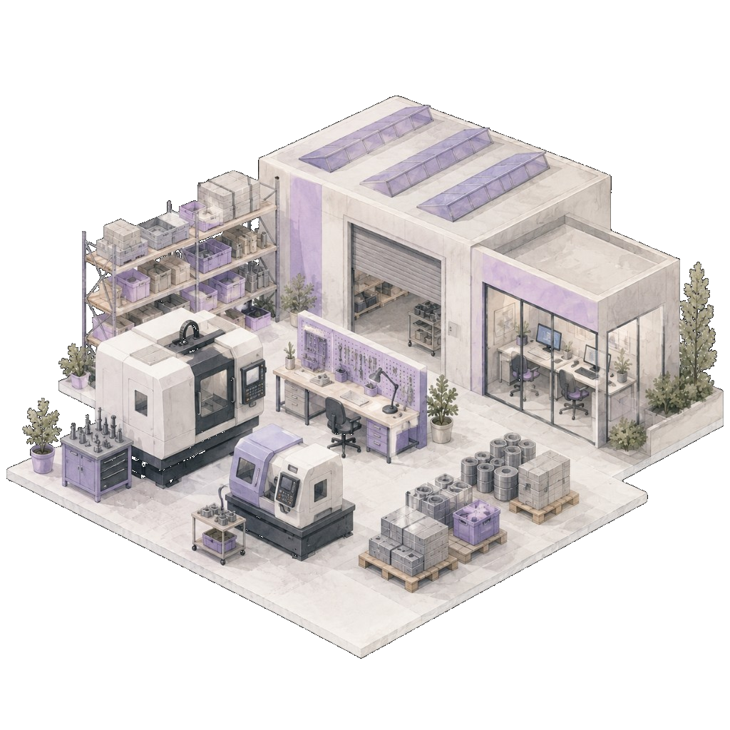 Isometric illustration of a manufacturing workshop with CNC machinery, stock and an office