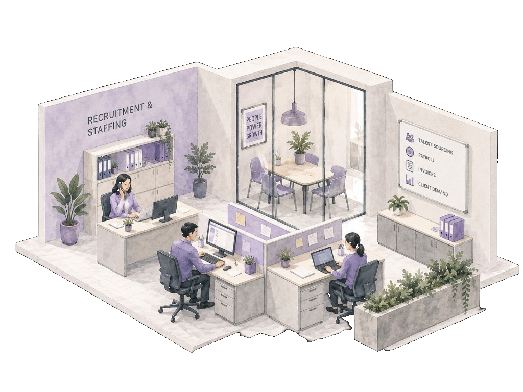 Isometric illustration of a recruitment office with staff at desks and a meeting room