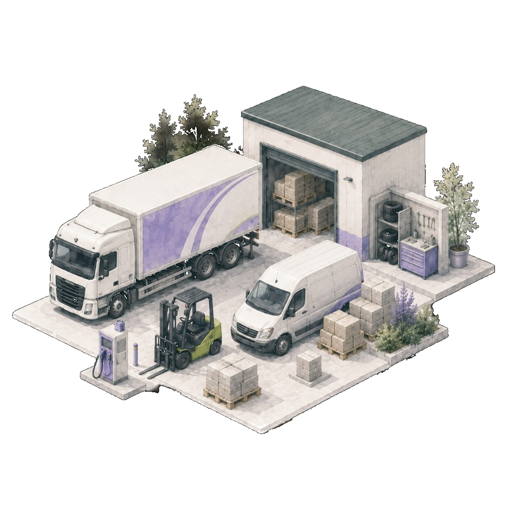 Isometric illustration of a logistics depot with lorries, a van, warehouse and forklift