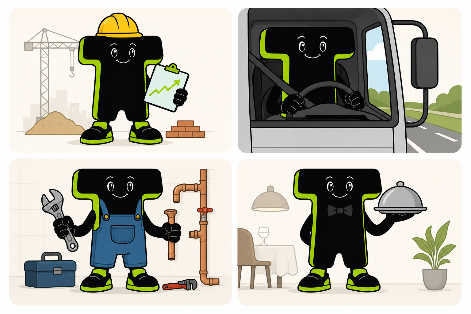 Tera mascot representing UK trades and business owners — builder, HGV driver, plumber and waiter