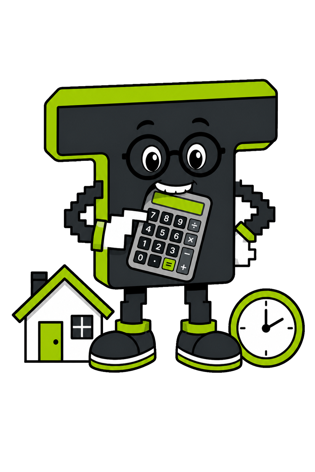 Tera mascot with glasses using a calculator next to a small house and clock for bridging finance