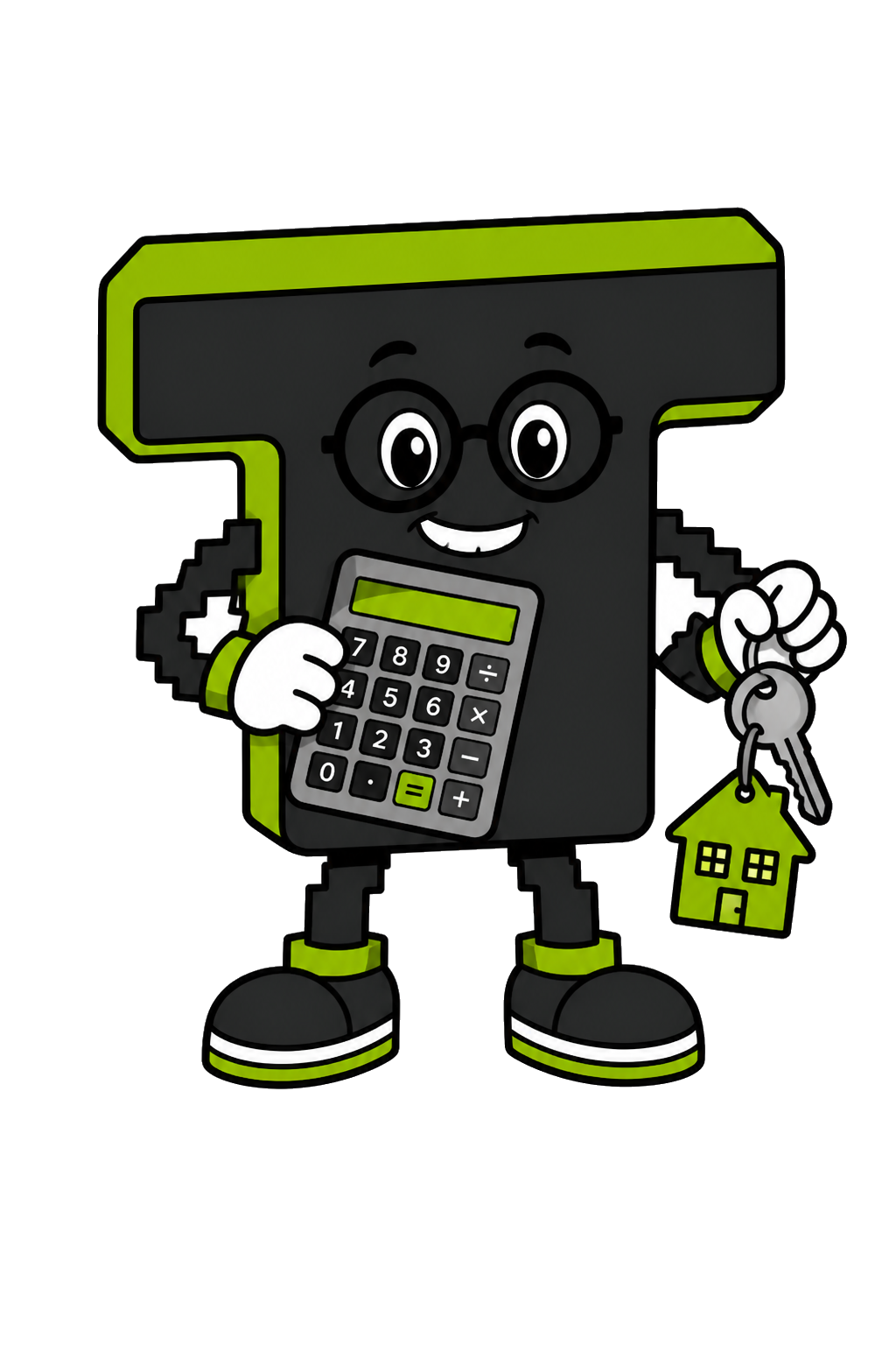 Tera mascot with glasses stress-testing buy-to-let rent on a calculator with house keys