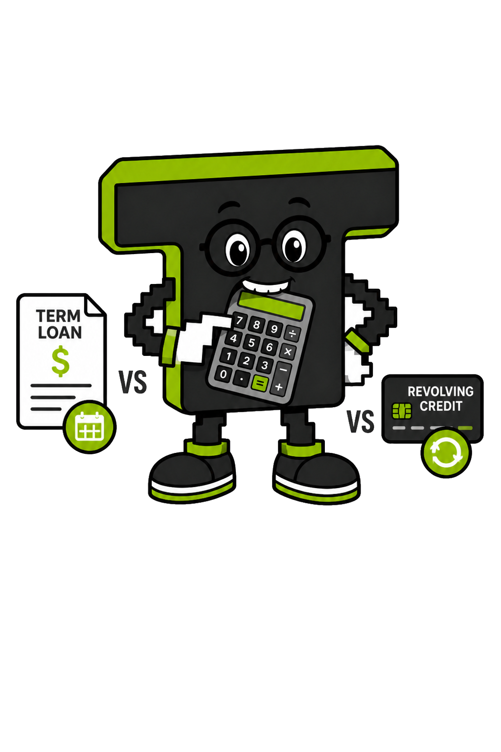 Tera mascot with glasses comparing term loan and credit options on a calculator