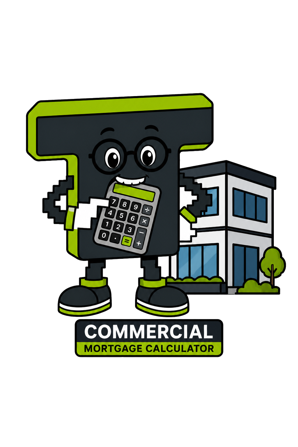 Tera mascot with glasses using a calculator in front of a commercial office building