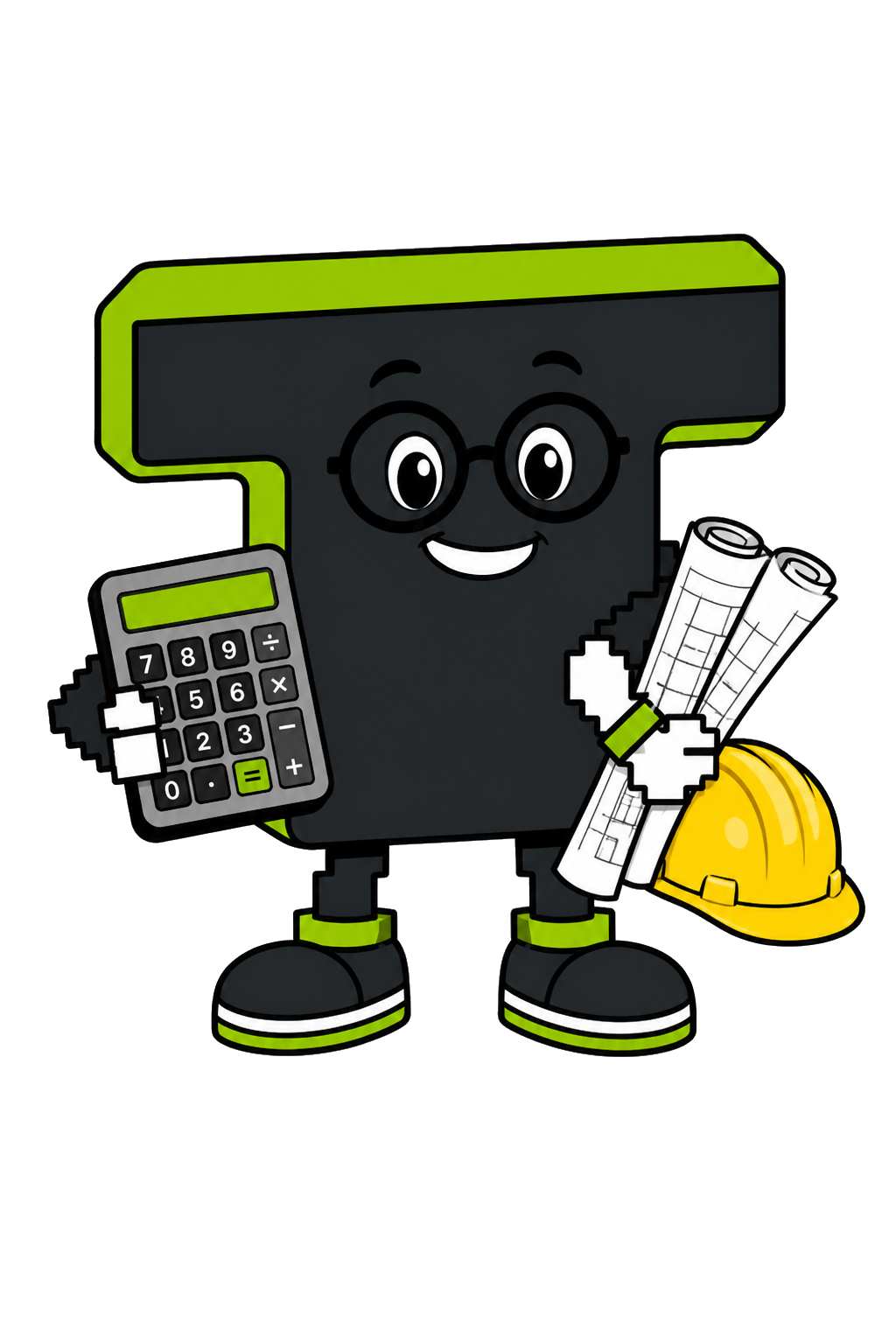 Tera mascot with glasses and a calculator beside development plans and a hard hat