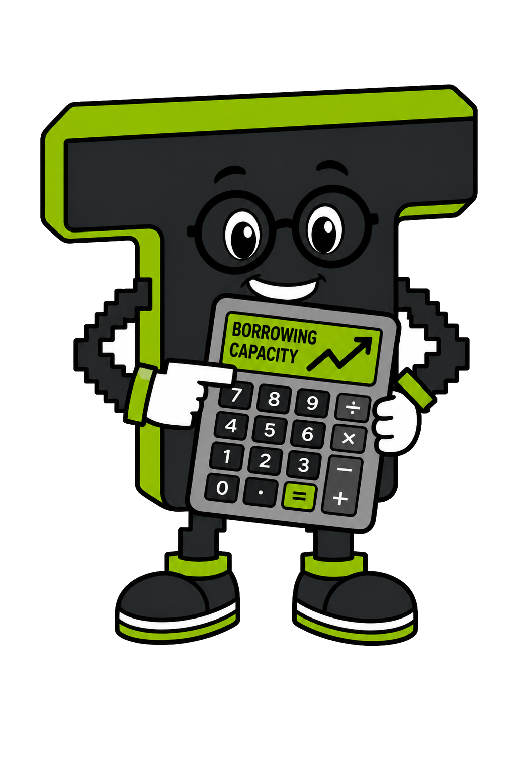 Tera mascot with glasses and a calculator showing a borrowing capacity range arrow