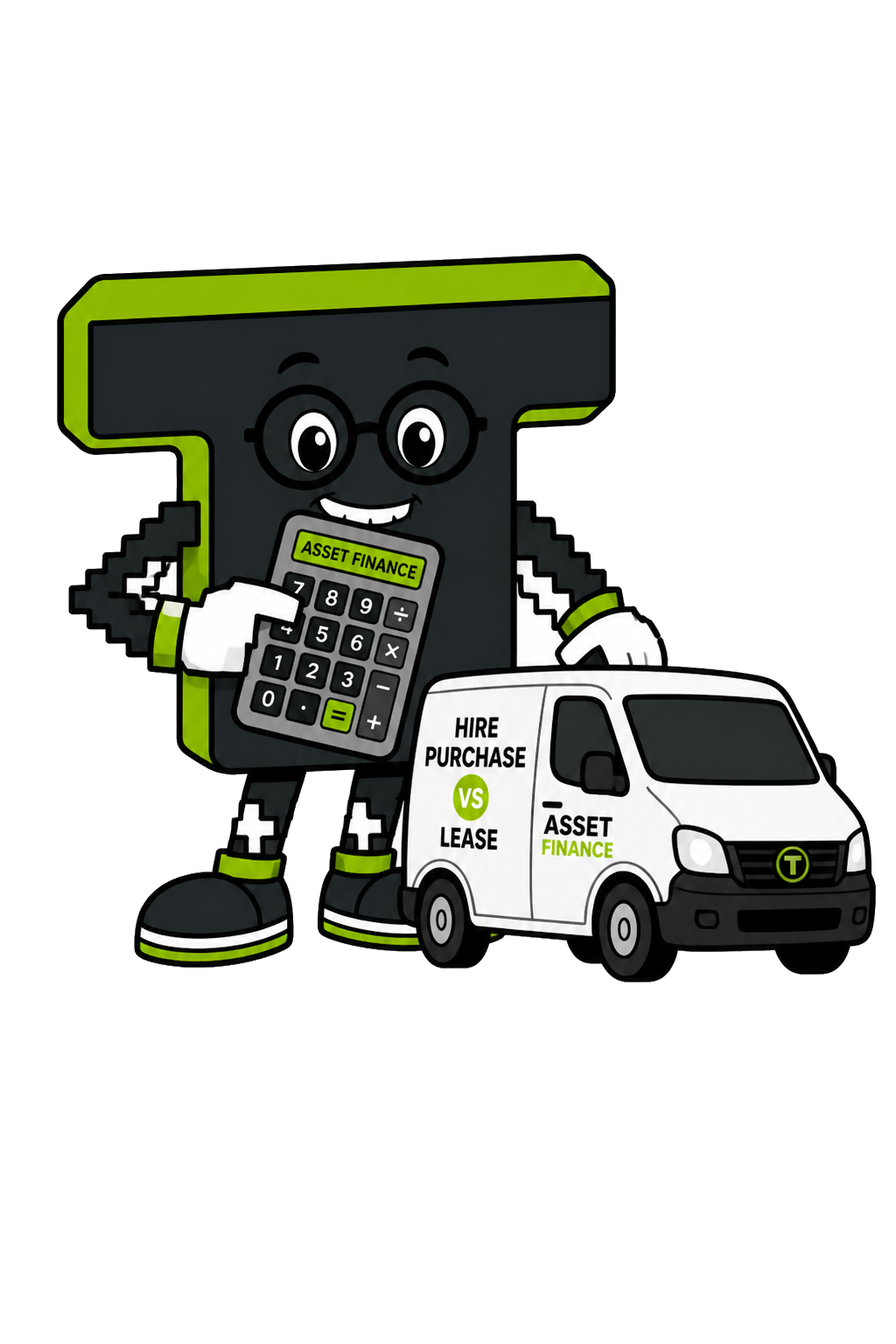Tera mascot with glasses comparing asset finance options on a calculator beside a delivery van