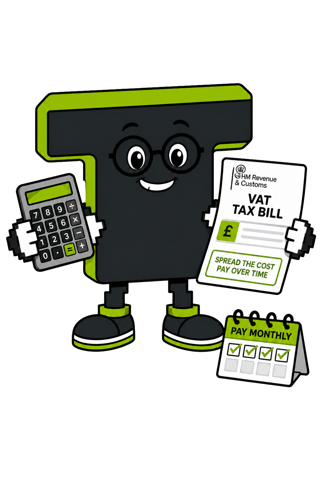 Tera mascot with glasses spreading a VAT tax bill on a calculator